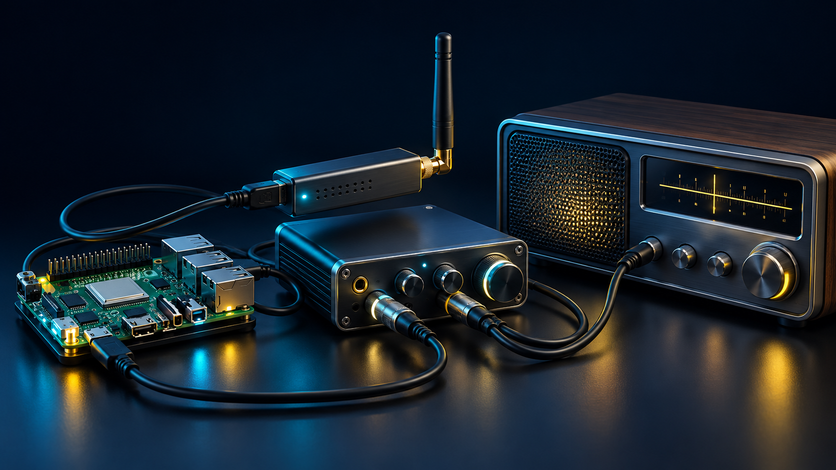 Concept illustration of a radio, single-board computer, SDR receiver and audio interface.