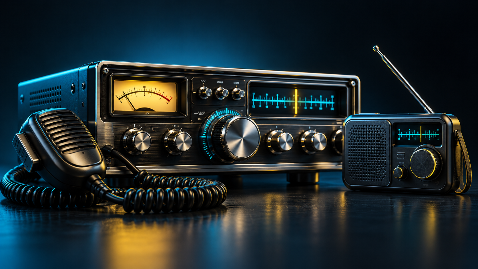 Concept illustration of classic and portable radio equipment in CeeBee colours.